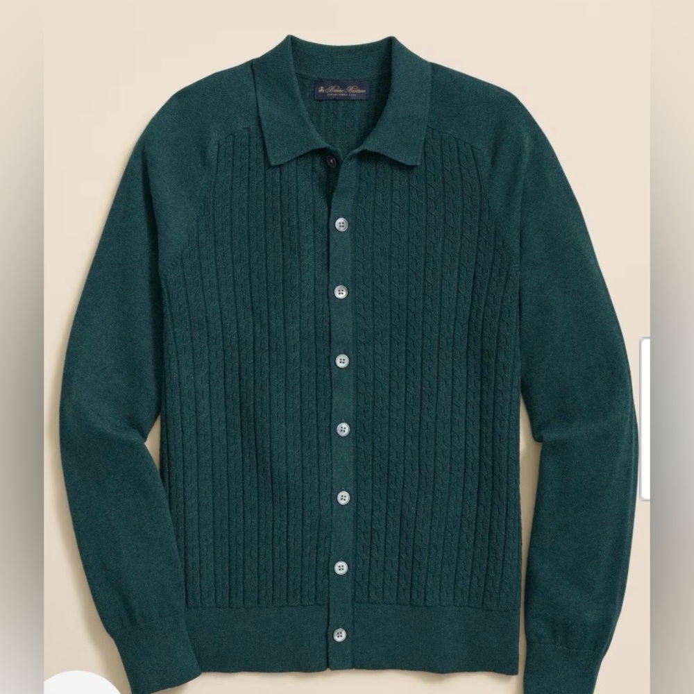 NWT Brooks Brothers Mini Cable Cotton Polo Cardigan Hunter Green Sweater